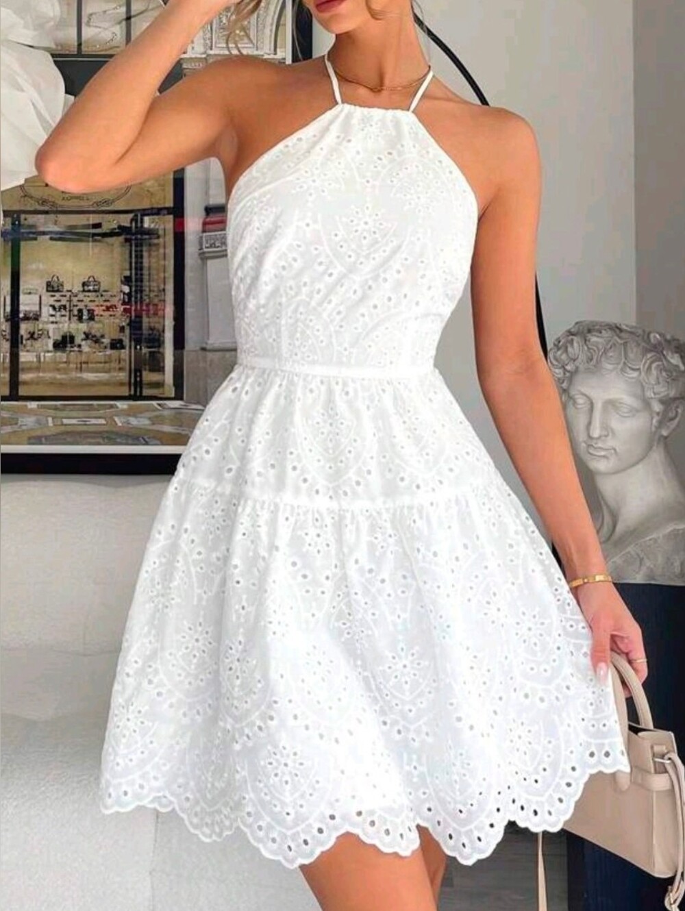 New Boho Embroidered Eyelet Lace Tie Halter Scalloped Hem Short Dress White - Picture 5 of 8
